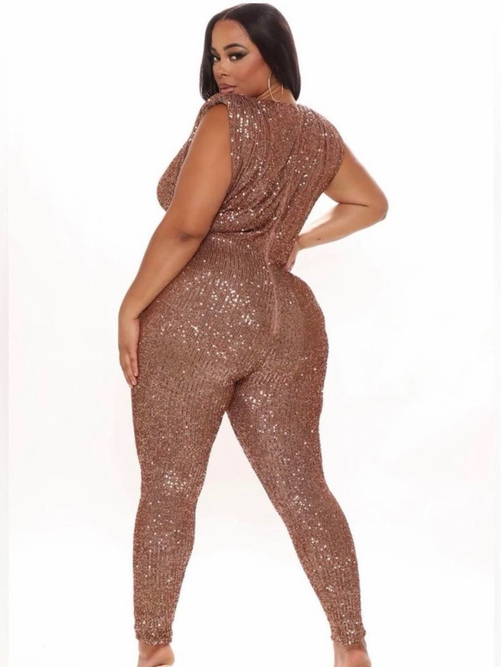 Fashion Nova Sparkle And Snatched Shoulder Pad Jumpsuit - Chocolate Large - Picture 4 of 10